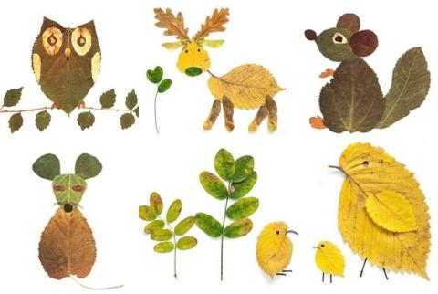 Animals made out of autumn leaves