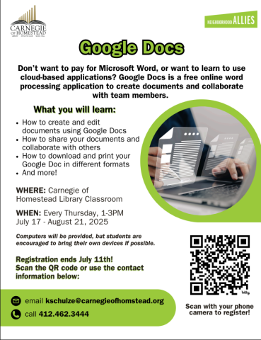 google docs with neighborhood allies six week course thursdays from 1-3pm registration is required