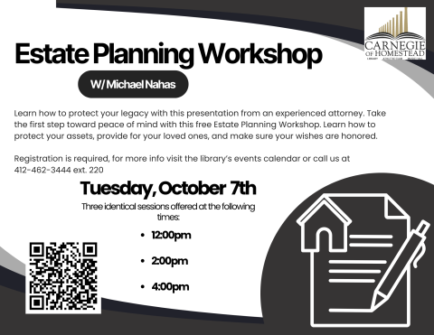 estate planning session october 7th free at 12pm 2pm and 4pm register online or call the library