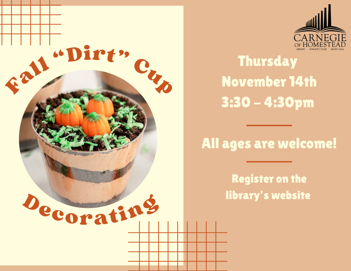 Fall "dirt" pudding cup decorating. thursday November 14th from 3:30 to 4:30pm registration is required