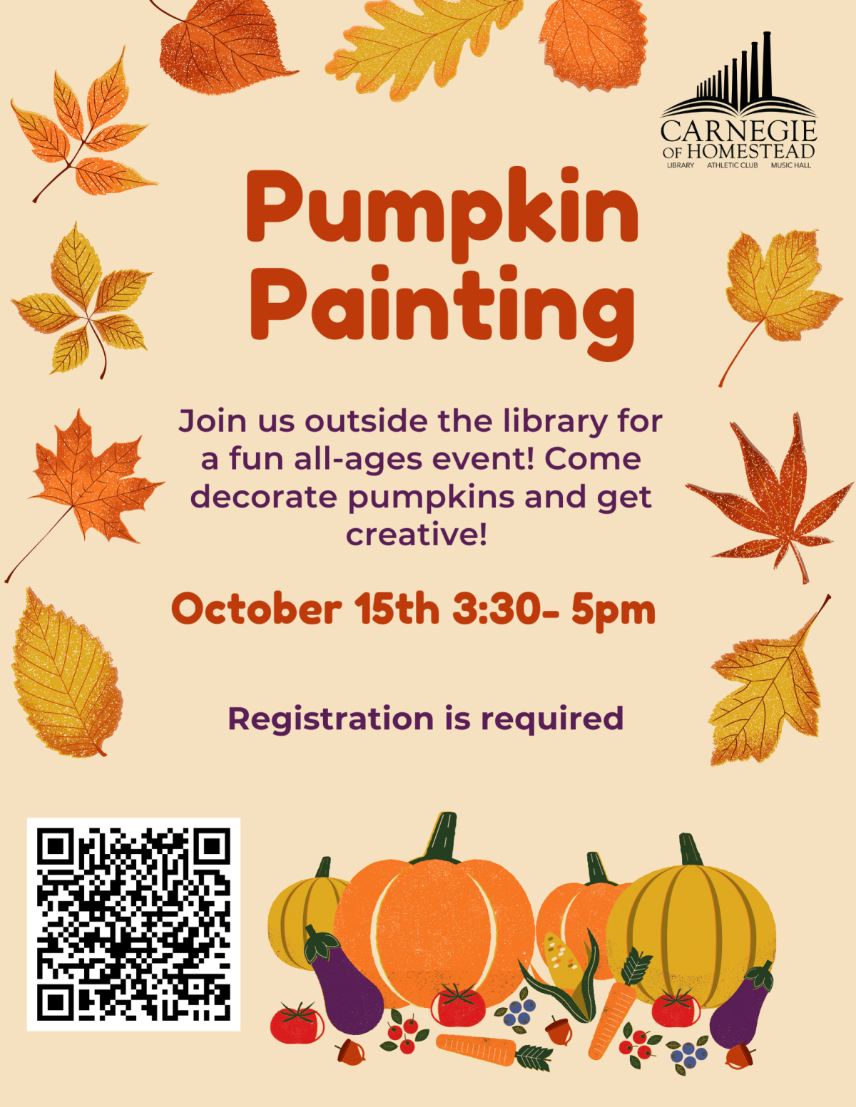 Pumpkin decorating October 15th from 3:30 to 5pm. 